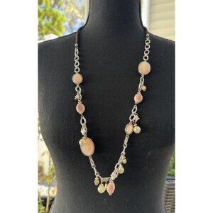 Chicos Pink Stone Silver Tone Charms Long Rope Link Chain Statement Necklace NEW